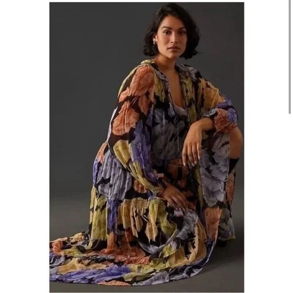 Anthropologie Marais Maxi Dress Purple and Orange Gown with Bishop Sleeves - Picture 3 of 6